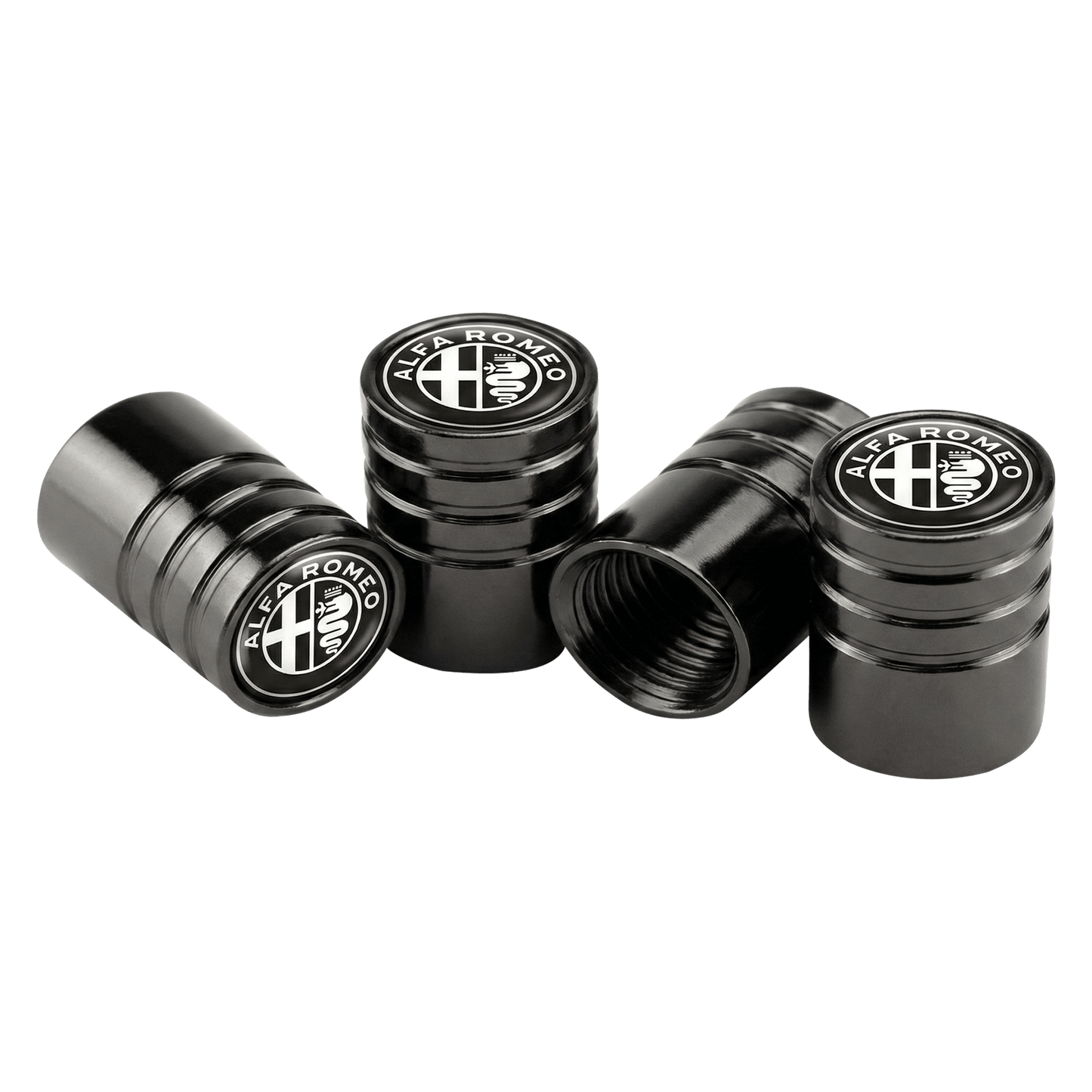 4 stk. Alfa Romeo Sort Hvid Logo Ventilhætter Sort Aluminium