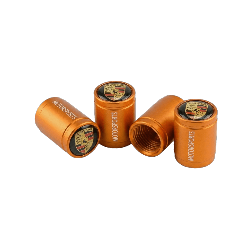 4 stk. Porsche Logo Ventilhætter i Orange Aluminium