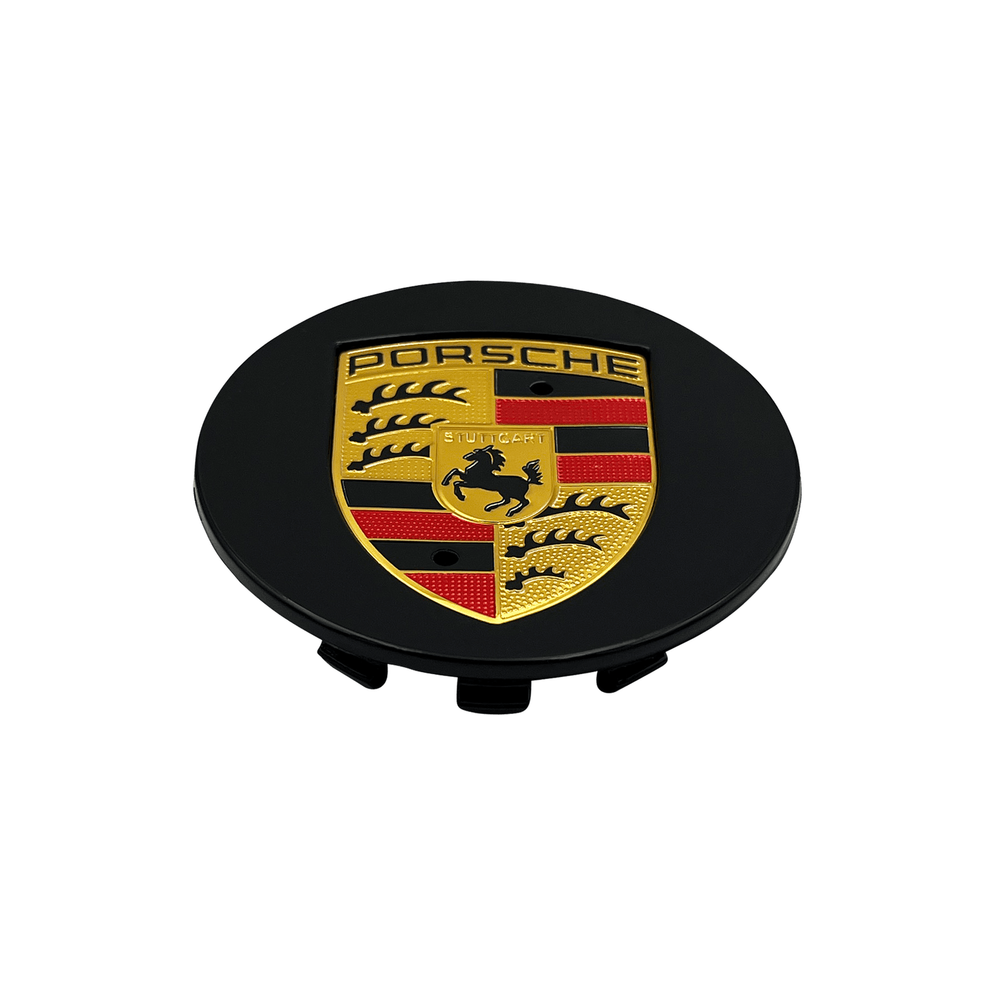 4 stk. Porsche Center Caps i svart og gull 76 mm