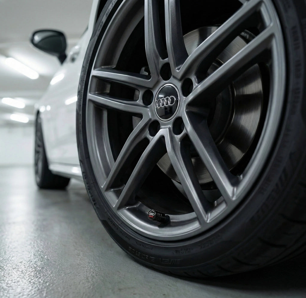 4 stk. Audi Logo Ventilhætter med Rød Tekst Sort Aluminium