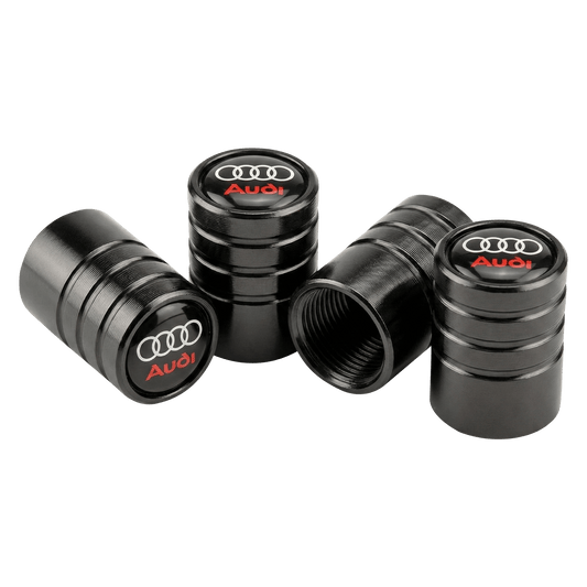4 stk. Audi Logo Ventilhætter med Rød Tekst Sort Aluminium