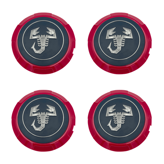 4 stk. Abarth Centerkapsler i Sort, Krom logo og Rød kant 133mm