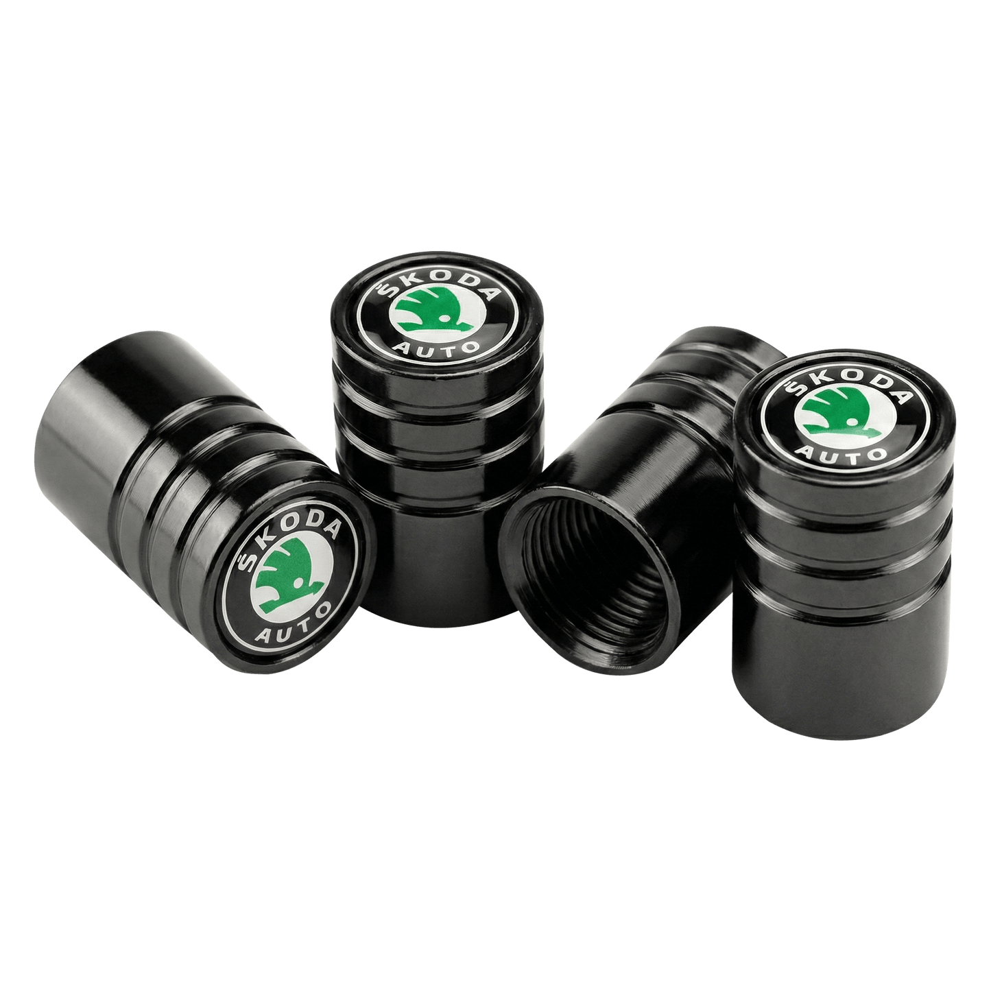4 stk. Skoda Sort/Grøn Logo Ventilhætter Sort Aluminium