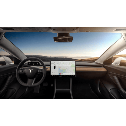 Tesla interior with headsup display for information. Tesla infotainment touch screen with steerwheel integration