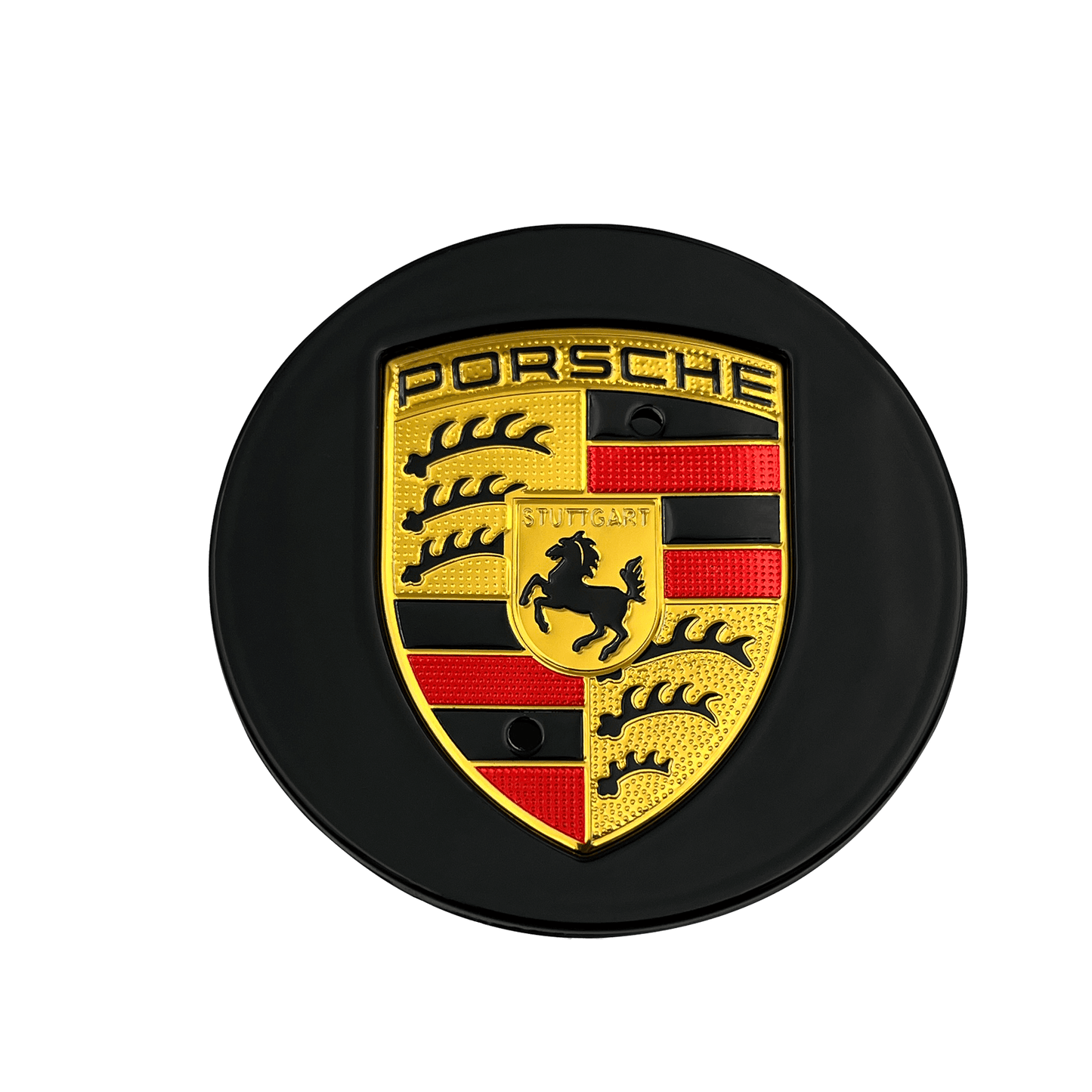4 stk. Porsche Center Caps i svart og gull 76 mm